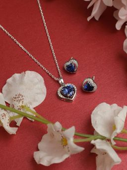 CLARA - 925 Rhodium Plated Swiss Zirconia Royal Blue Heart Pendant Earring Chain Set for Women