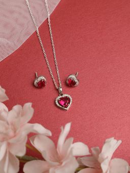 CLARA - 925 Rhodium Plated Swiss Zirconia Blood Red Heart Pendant Earring Chain Set for Women & Girls