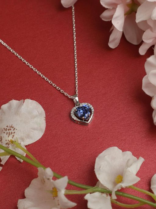 CLARA Silver Rhodium Plated Swiss Zirconia Royal Blue Heart Pendant with Chain for Women & Girls