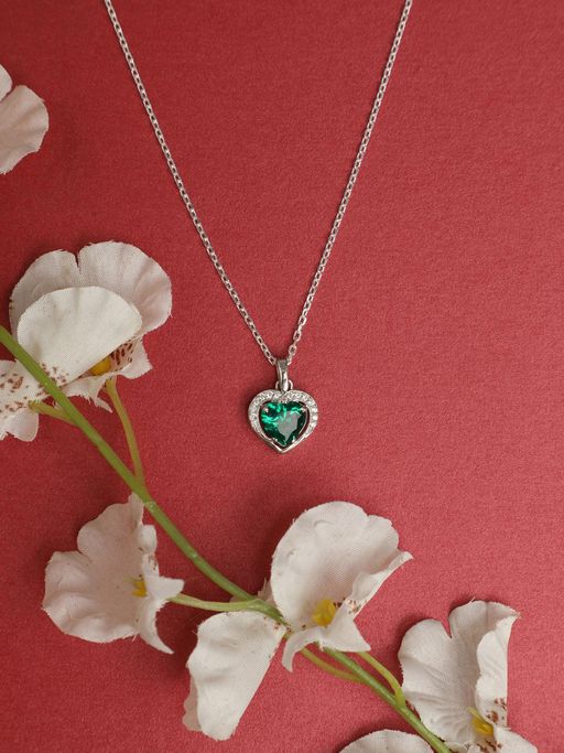 CLARA Silver Rhodium Plated Swiss Zirconia Dark Green Heart Pendant with Chain for Women & Girls