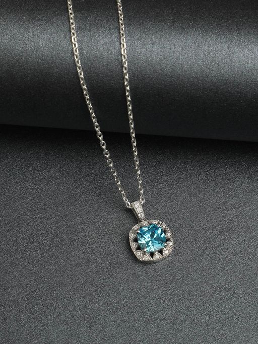 CLARA Silver Rhodium Plated Swiss Zirconia Sky Blue Cushion Pendant with Chain for Women & Girls