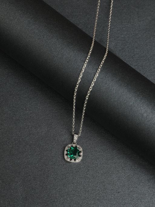 CLARA Silver Rhodium Plated Swiss Zirconia Dark Green Cushion Pendant with Chain for Women & Girls