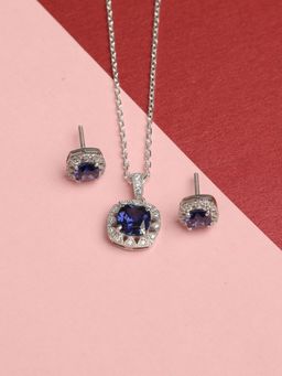 CLARA - 925 Rhodium Plated Swiss Zirconia Royal Blue Cushion Pendant Earring Chain Set for Women