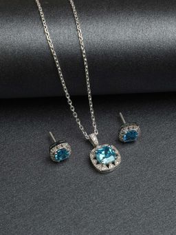 CLARA - 925 Rhodium Plated Swiss Zirconia Sky Blue Cushion Pendant Earring Chain Set for Women