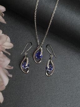 CLARA - 925 Rhodium Plated Swiss Zirconia Royal Blue Eye Pendant Earring Chain Set for Women & Girls