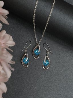 CLARA - 925 Rhodium Plated Swiss Zirconia Sky Blue Eye Pendant Earring Chain Set for Women & Girls