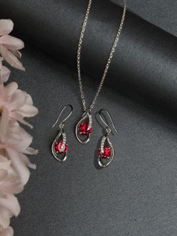 CLARA - 925 Rhodium Plated Swiss Zirconia Blood Red Eye Pendant Earring Chain Set for Women & Girls