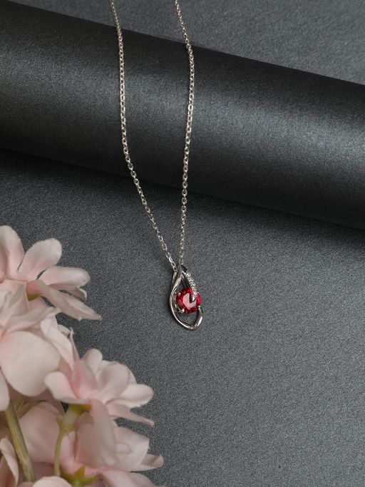 CLARA Silver Rhodium Plated Swiss Zirconia Blood Red Eye Pendant with Chain for Women & Girls