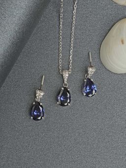 CLARA - 925 Rhodium Plated Swiss Zirconia Royal Blue Tear Drop Pendant Earring Chain Set for Women