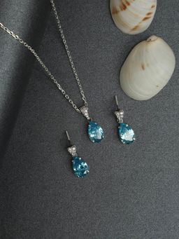 CLARA - 925 Rhodium Plated Swiss Zirconia Sky Blue Tear Drop Pendant Earring Chain Set for Women