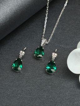 CLARA - 925 Rhodium Plated Swiss Zirconia Dark Green Tear Drop Pendant Earring Chain Set for Women