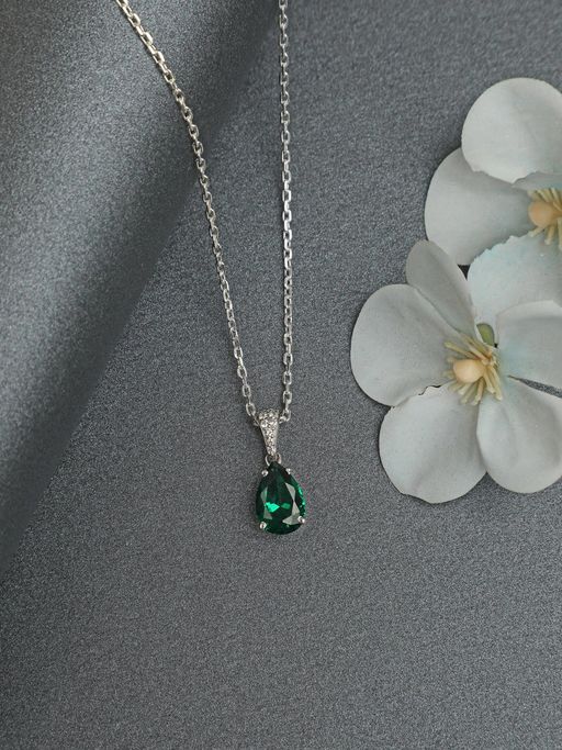 CLARA Silver Rhodium Plated Swiss Zirconia Dark Green Tear Drop Pendant with Chain for Women