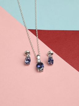 CLARA - 925 Rhodium Plated Swiss Zirconia Royal Blue Oval Pendant Earring Chain Set for Women & Girls