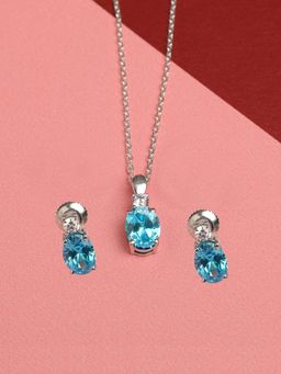 CLARA - 925 Rhodium Plated Swiss Zirconia Sky Blue Oval Pendant Earring Chain Set for Women & Girls
