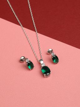 CLARA - 925 Rhodium Plated Swiss Zirconia Dark Green Oval Pendant Earring Chain Set for Women & Girls