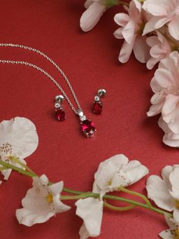 CLARA - 925 Rhodium Plated Swiss Zirconia Blood Red Oval Pendant Earring Chain Set for Women & Girls
