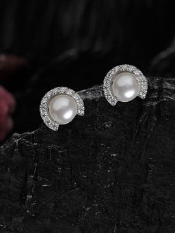 CLARA - 925 Silver Real Pearl Stud Riko Earrings Rhodium Plated Swiss Zirconia for Women and Girls