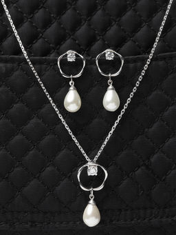 CLARA - 925 Silver Pearl Sara Pendant Earring Chain Set Rhodium Plated, Gift for Women (Set of 3)