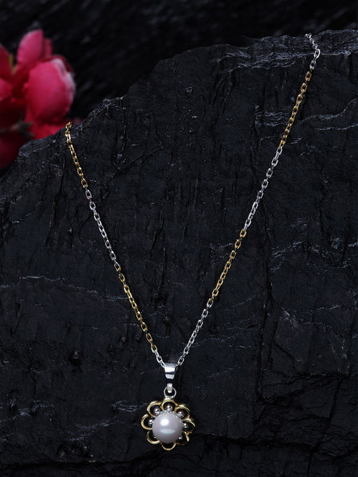 CLARA 925 Silver Pearl Lotus Pendant With Chain Necklace Gold Rhodium Plated for Women and Girls
