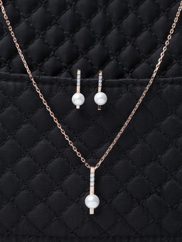 CLARA - 925 Silver Pearl Rose Pendant Earring Chain Set Rhodium Plated, Gift for Women (Set of 3)