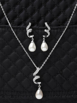 CLARA - 925 Silver Pearl Twist Pendant Earring Chain Set Rhodium Plated Gift for Women (Set of 3)