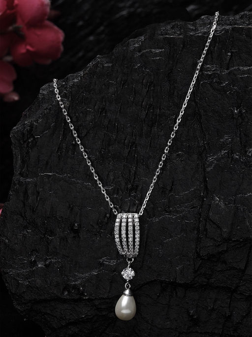 CLARA 925 Silver Pearl Queen Pendant With Chain Necklace Rhodium Plated Gift for Women and Girls