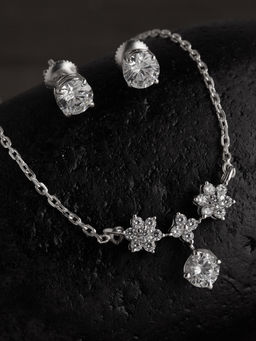 CLARA - 925 Sterling Silver Rhodium Plated Lily Pendant Earring Necklace Set With Chain (Set of 3)