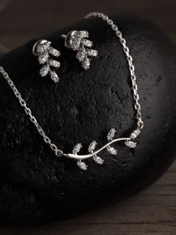 CLARA - 925 Sterling Silver Rhodium Plated Leaf Pendant Earring Necklace Set With Chain (Set of 3)
