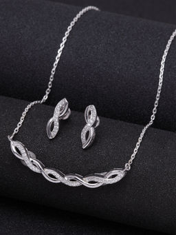 CLARA - 925 Sterling Silver Rhodium Plated Twist Pendant Earring Necklace Set With Chain (Set of 3)