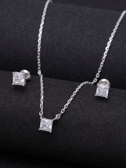 CLARA - 925 Sterling Silver Rhodium Plated Square Pendant Earring Necklace Set With Chain (Set of 3)