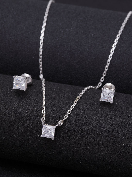 CLARA 925 Sterling Silver Rhodium Plated Square Pendant Earring Necklace Set With Chain (Set of 3)