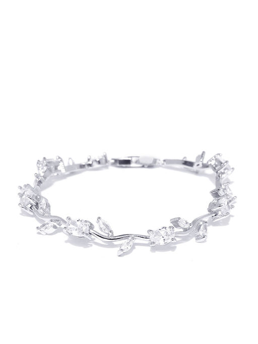 Jewels Galaxy Mesmerizing Crystal Leaf Silver Plated Plushy Charm Bracelet