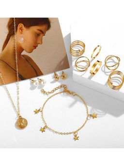 Jewels Galaxy - Pearl Gold Plated Earrings with Necklace and Beautiful Rings with Bracelet (Set of 10)