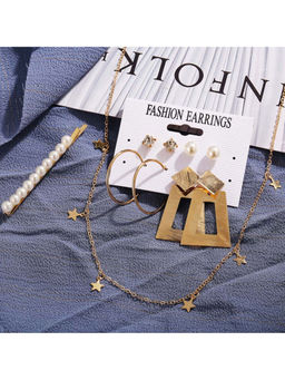 Jewels Galaxy - Marvellous Pearl Gold Plated Geometric Earrings with Necklace and Hair Clip (Set of 6)