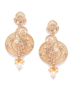 Jewels Galaxy - Beige Gold Plated Stone Studded & Beaded Classic Drop Earrings