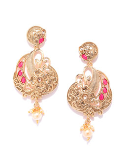 Jewels Galaxy - Pink Antique Gold Plated Stone Studded Classic Drop Earrings