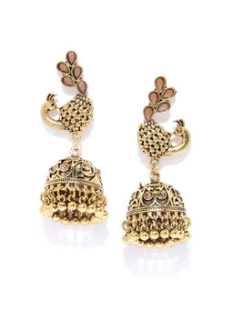Jewels Galaxy - Beige Custom Mayur Design Gold Plated Elegant Jhumkis