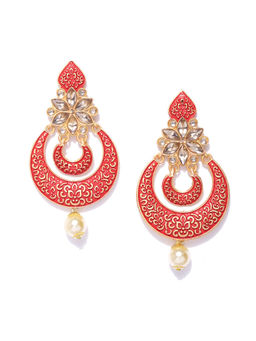 Jewels Galaxy - Red Gold Plated Stone Studded & Beaded Crescent Shaped Earrings