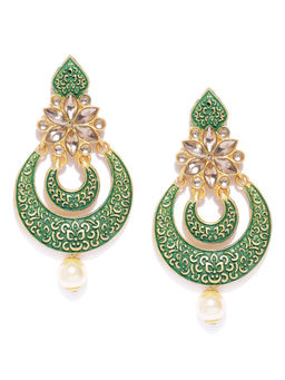 Jewels Galaxy - Green Gold Plated Stone Studded & Beaded Crescent Shaped Earrings