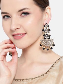 Jewels Galaxy - Black Gold-Plated Stone-Studded & Beaded Crescent Shaped Chandbalis