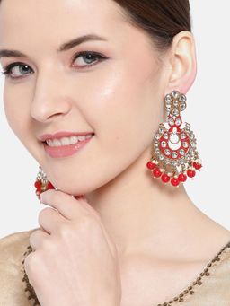 Jewels Galaxy - Red Gold-Plated Enamelled Stone-Studded Classic Drop Earrings