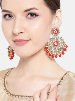 Jewels Galaxy - Red & Off-White Gold-Plated Stone-Studded & Beaded Classic Drop Earrings