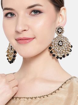 Jewels Galaxy - Black & Off-White Gold-Plated Stone-Studded & Beaded Classic Drop Earrings