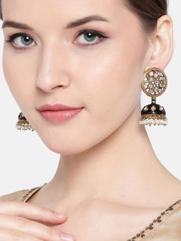 Jewels Galaxy - Black & Off-White Gold-Plated Stone-Studded & Beaded Dome Shaped Jhumkas