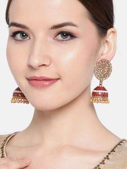 Jewels Galaxy - Red Gold-Plated Stone-Studded Enamelled Dome-Shaped Jhumkas