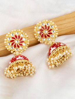 Jewels Galaxy - Gold Plated Red Pearl Earrings
