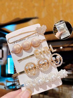 Jewels Galaxy - Jewellery For Women Gold Plated Pearl Hair Clips Combo of 5