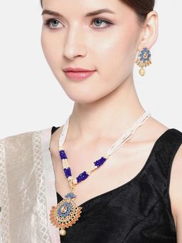 Jewels Galaxy - Blue & Off-White Gold-Plated Stones Studded & Beaded Enamelled Jewellery Set