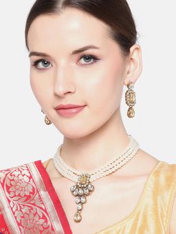Jewels Galaxy - Off-White Gold-Plated Artificial Stone & Beaded Necklace With Earring (set of 2)