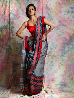CHARUKRITI - Grey Woven Cotton Saree with Unstitched Blouse